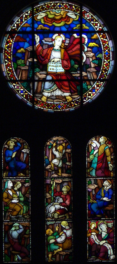 Saligprisningene. Glassmaleri av Per Vigeland i Frogner kirke, Oslo (Matteus-vinduet).